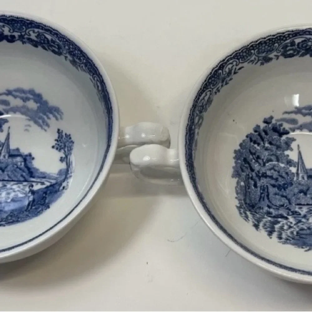 2 Royal Tudor Ware Olde England Pattern Twin-Handle Soup Bowls Perfect Condition